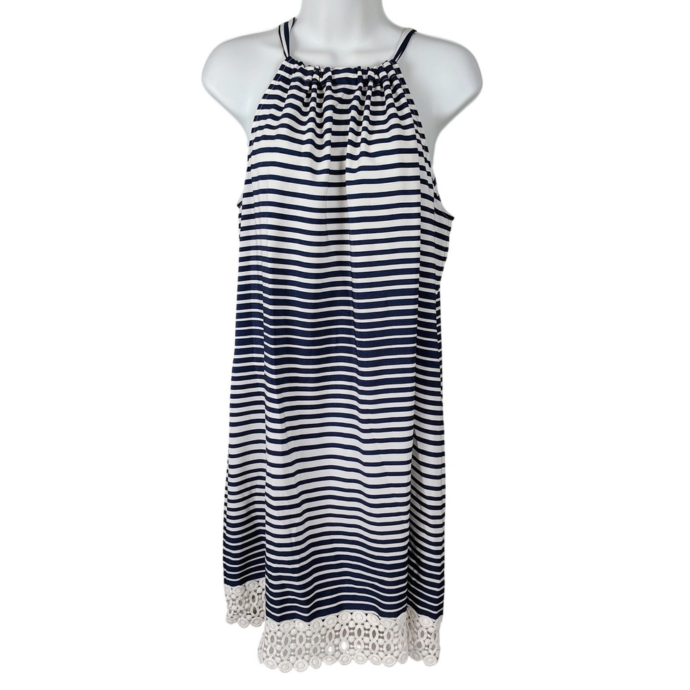 XL Blue‎ White Striped Halter Dress Crochet Lace Hem nautical fisherman coastal